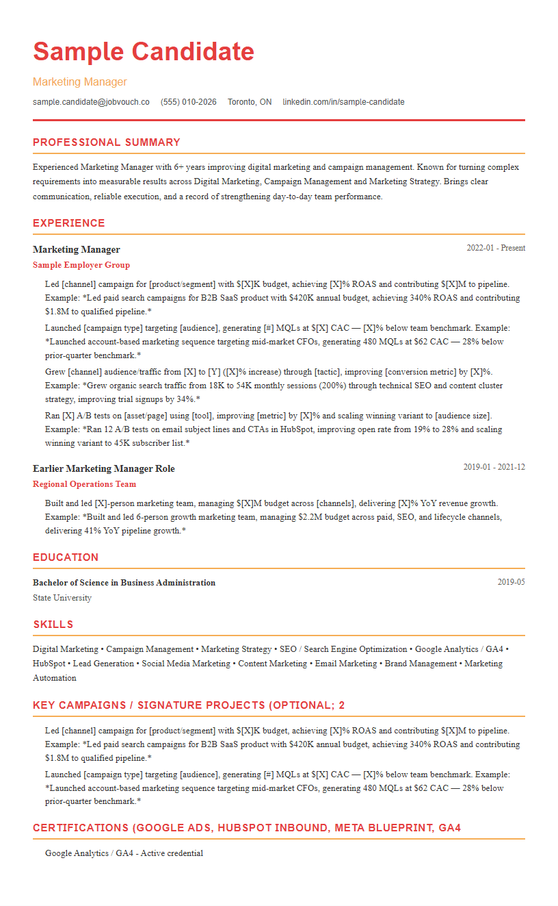 Marketing Manager resume template preview