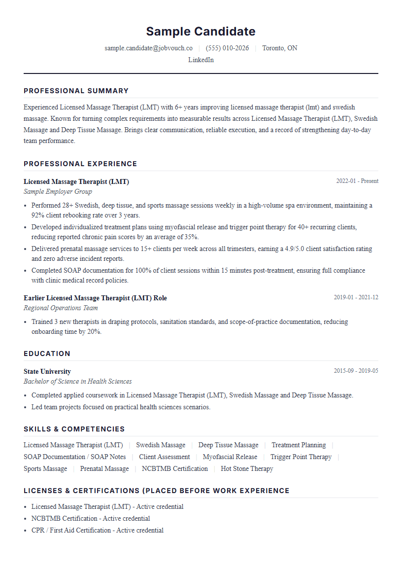 Licensed Massage Therapist (LMT) resume template preview
