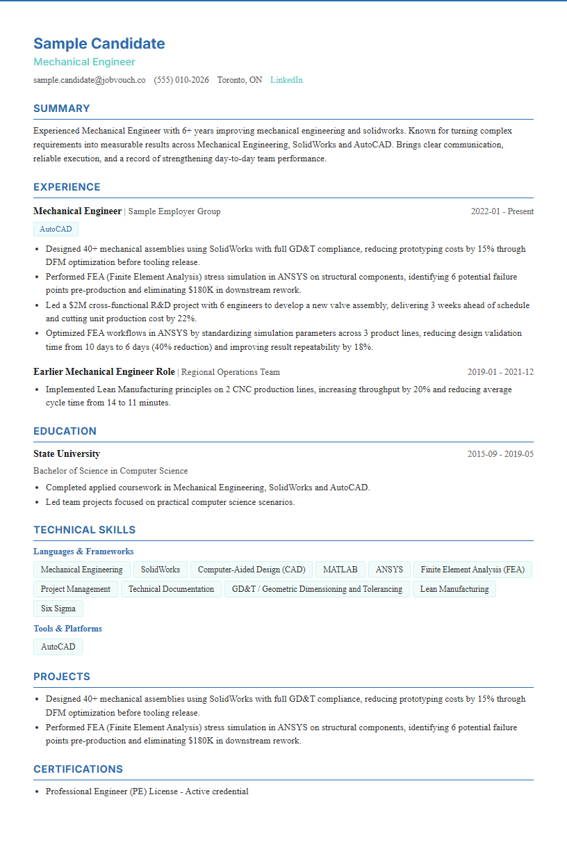 Mechanical Engineer resume example preview