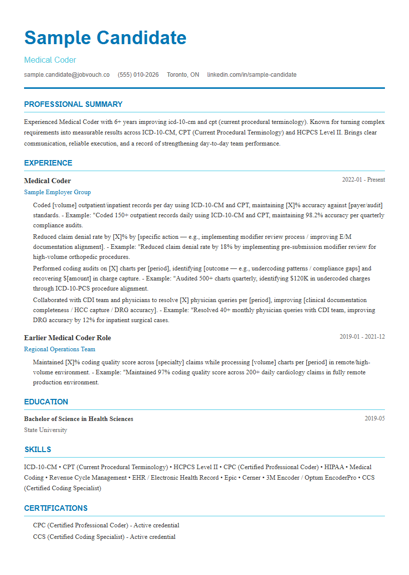 Medical Coder resume template preview