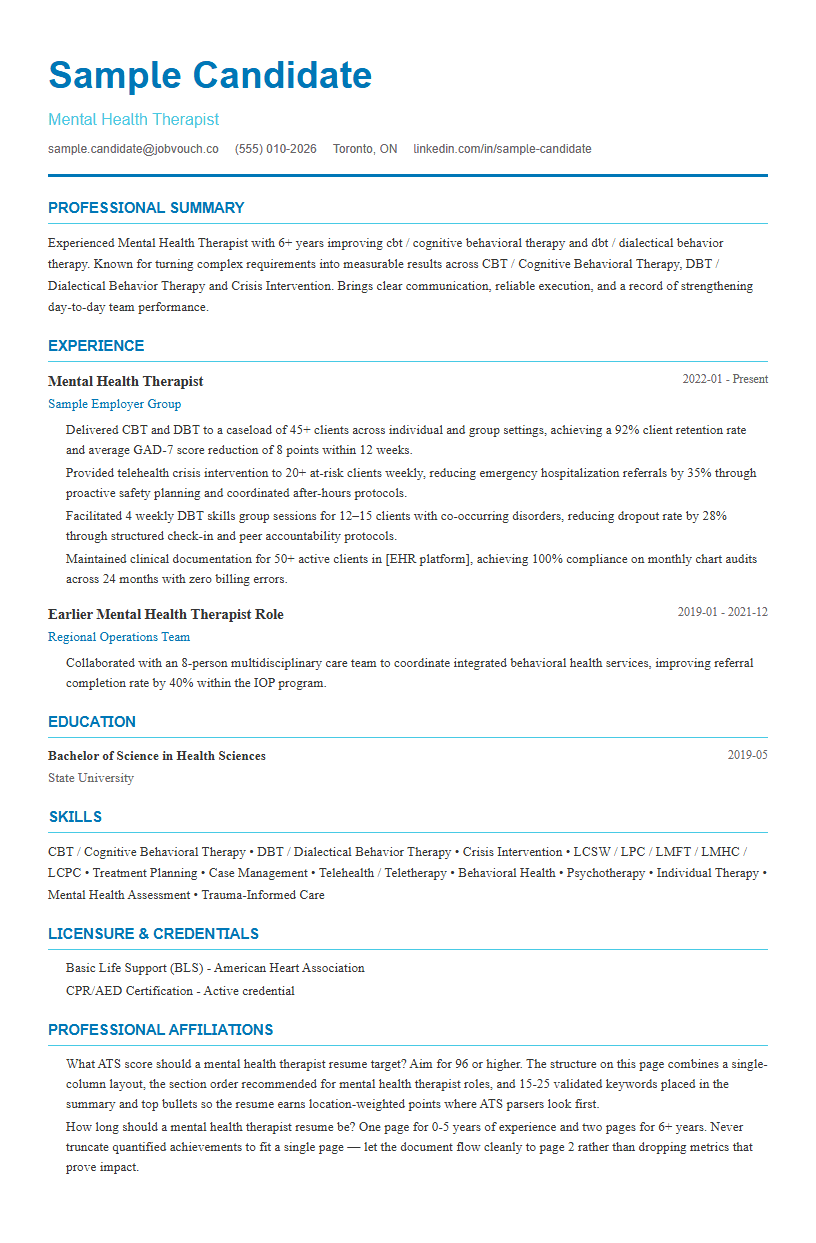 Mental Health Therapist resume template preview