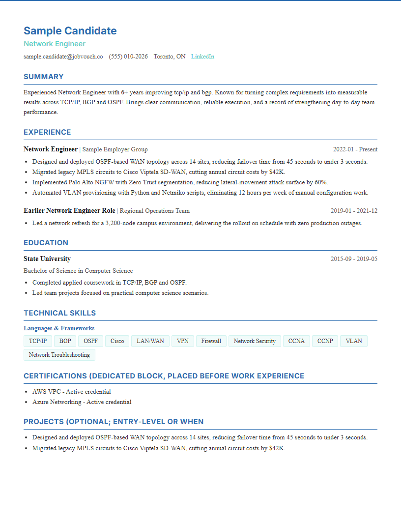 Network Engineer resume template preview