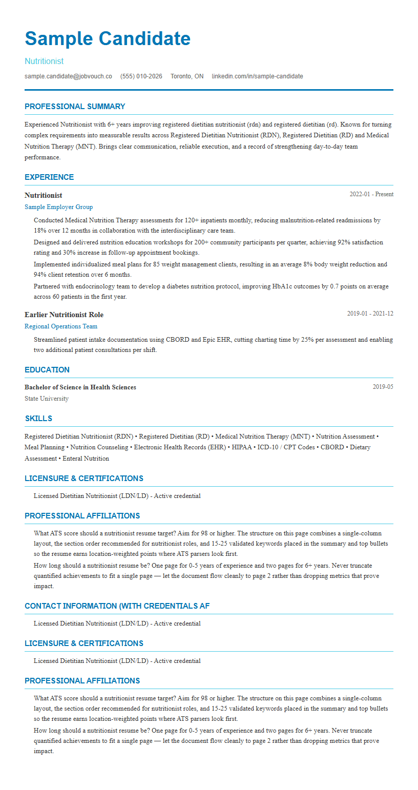 Nutritionist resume template preview