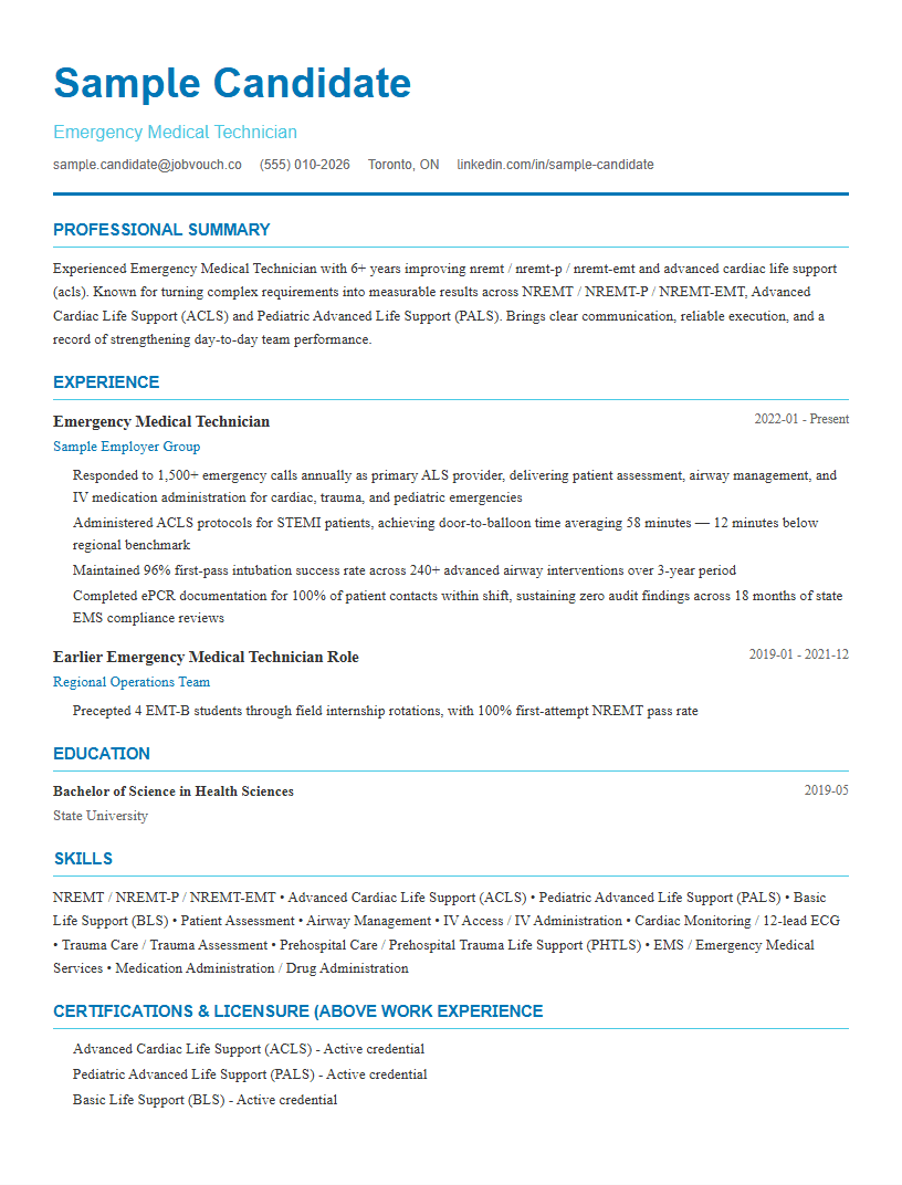 Emergency Medical Technician resume template preview