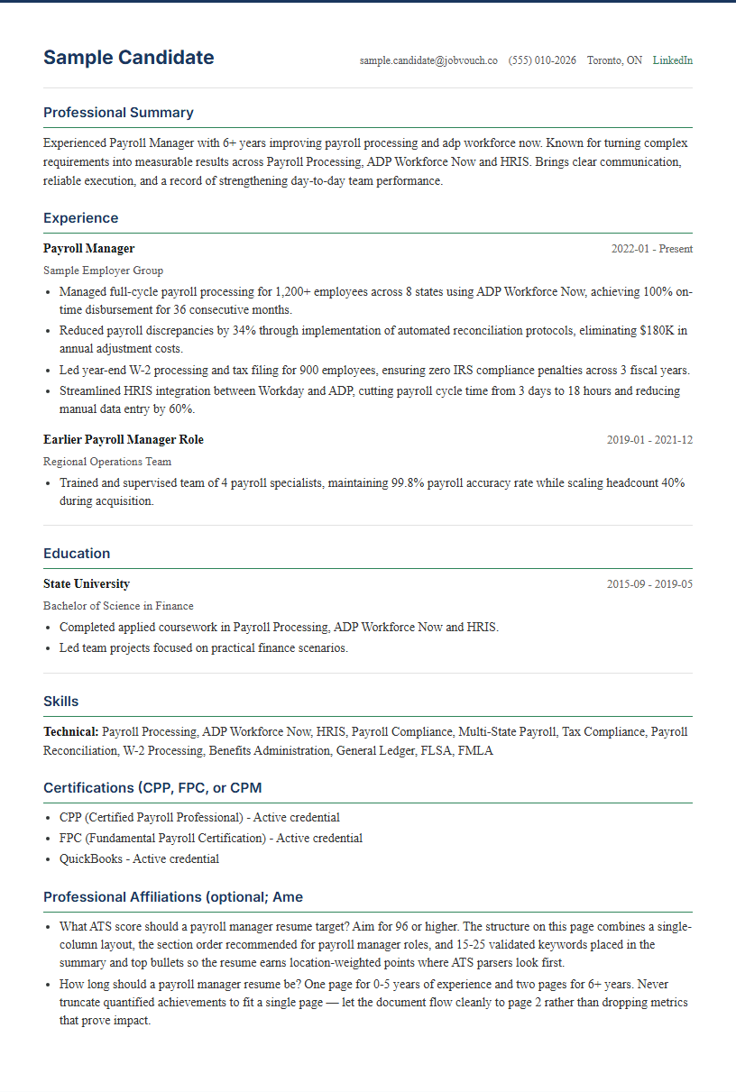 Payroll Manager resume template preview