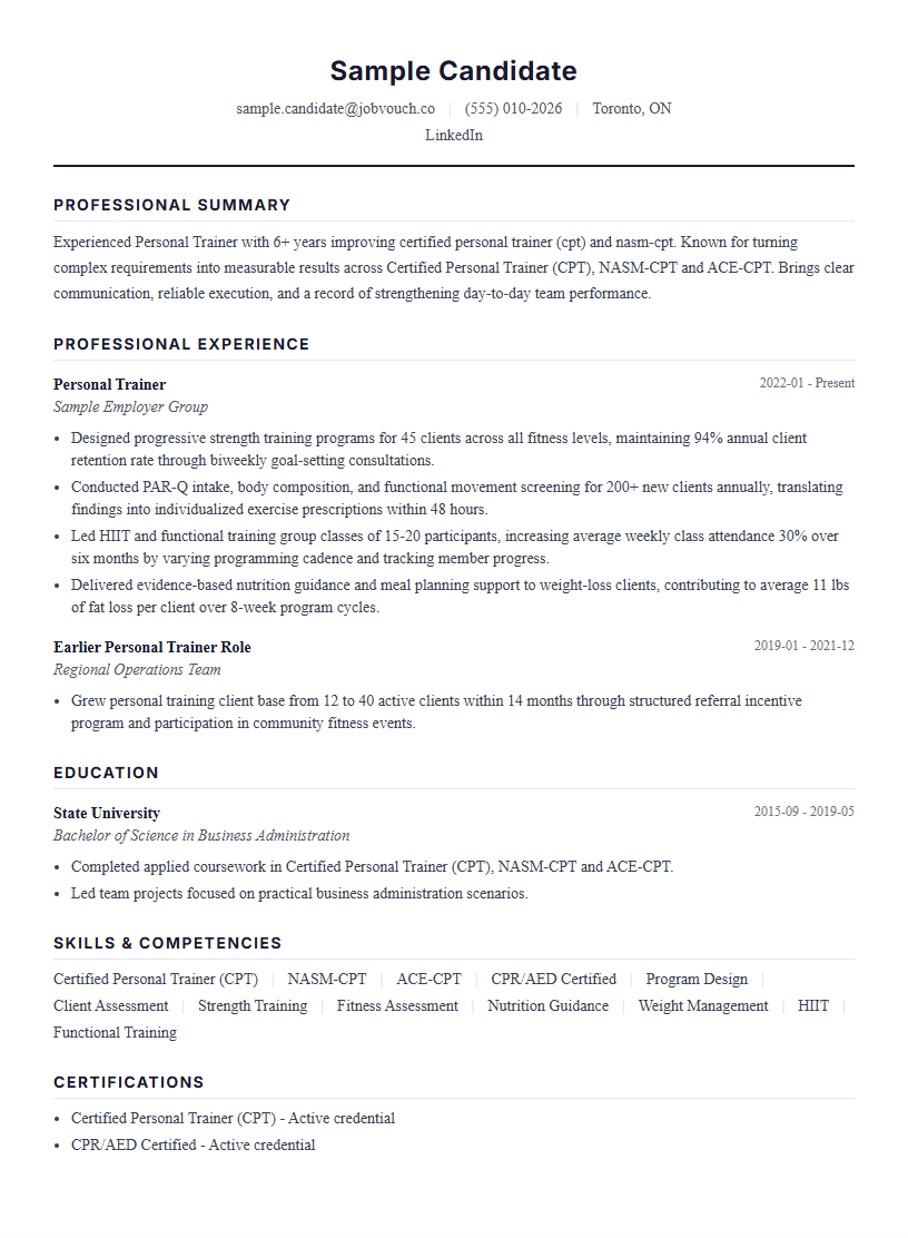 Personal Trainer resume template preview