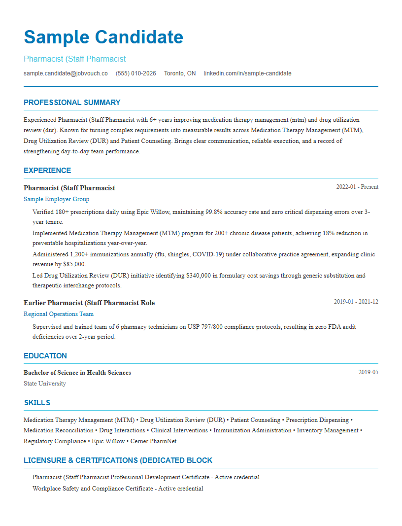 Pharmacist (Staff Pharmacist resume template preview