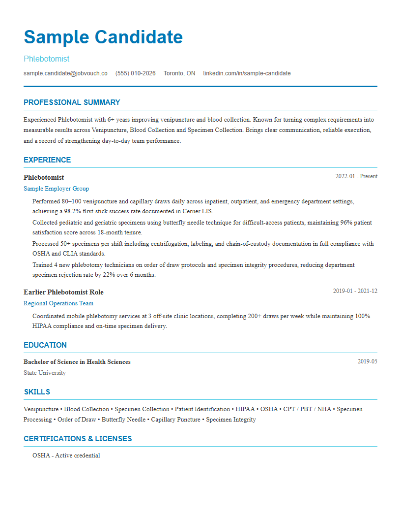 Phlebotomist resume template preview