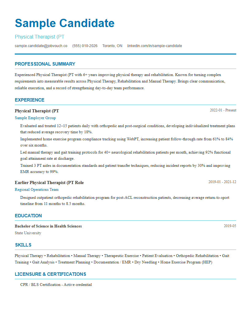 Physical Therapist (PT resume template preview