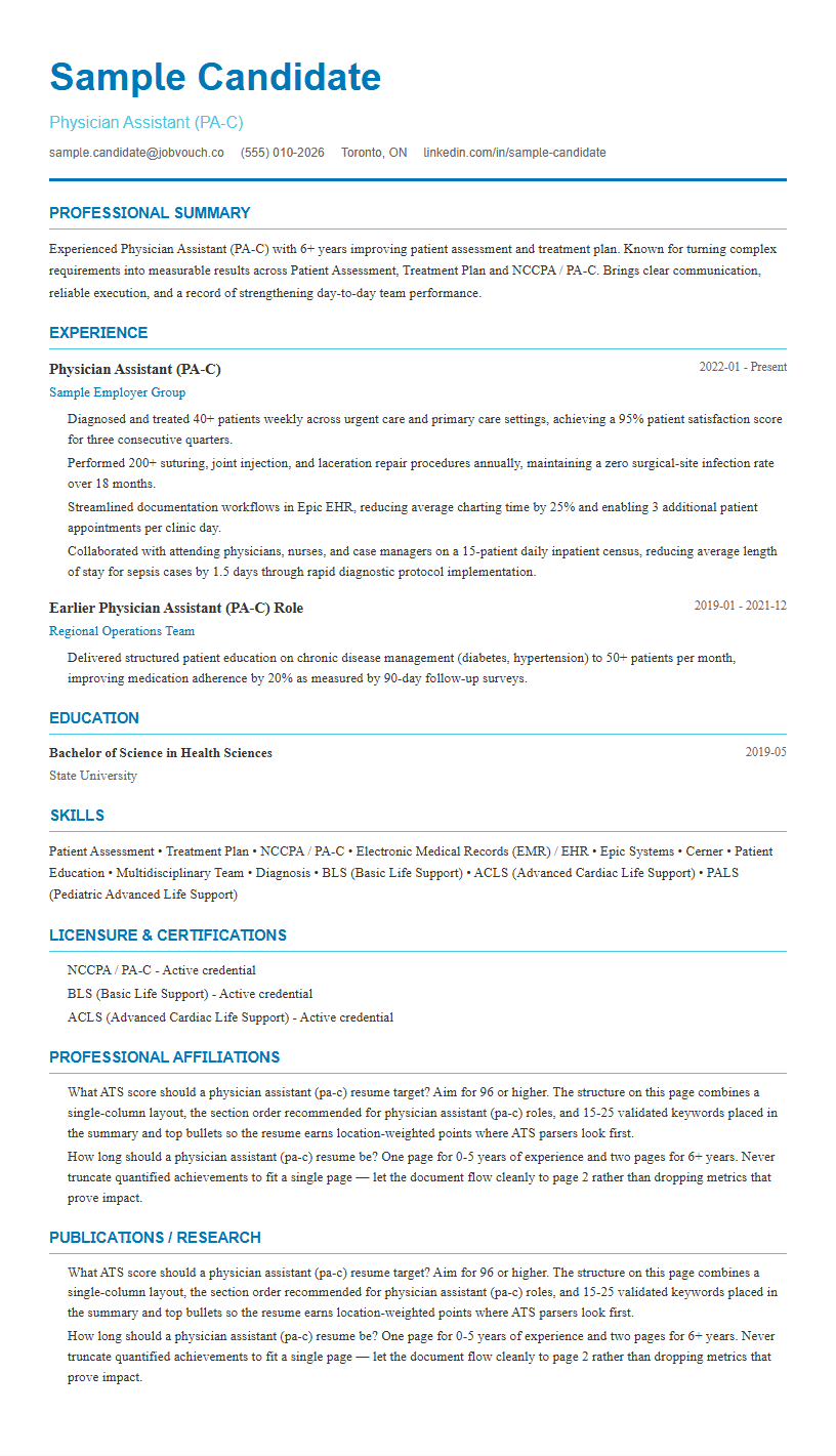 Physician Assistant (PA-C) resume template preview