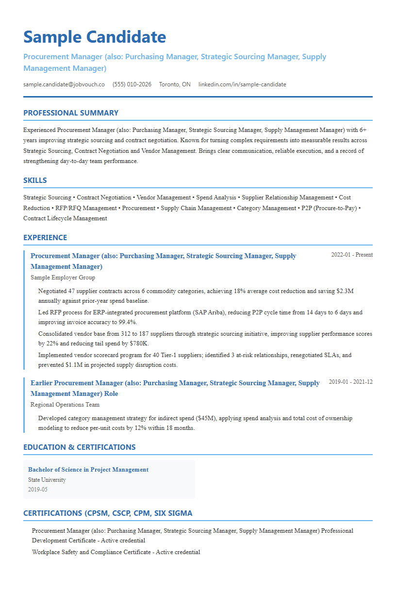 Procurement Manager (also: Purchasing Manager, Strategic Sourcing Manager, Supply Management Manager) resume template preview