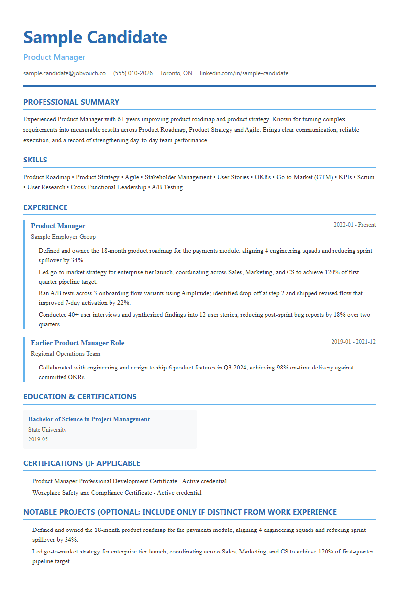 Product Manager resume template preview