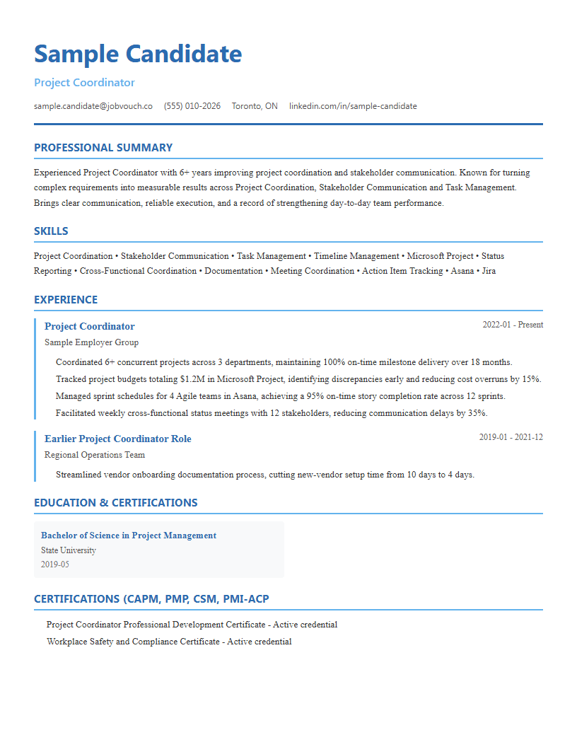 Project Coordinator resume template preview