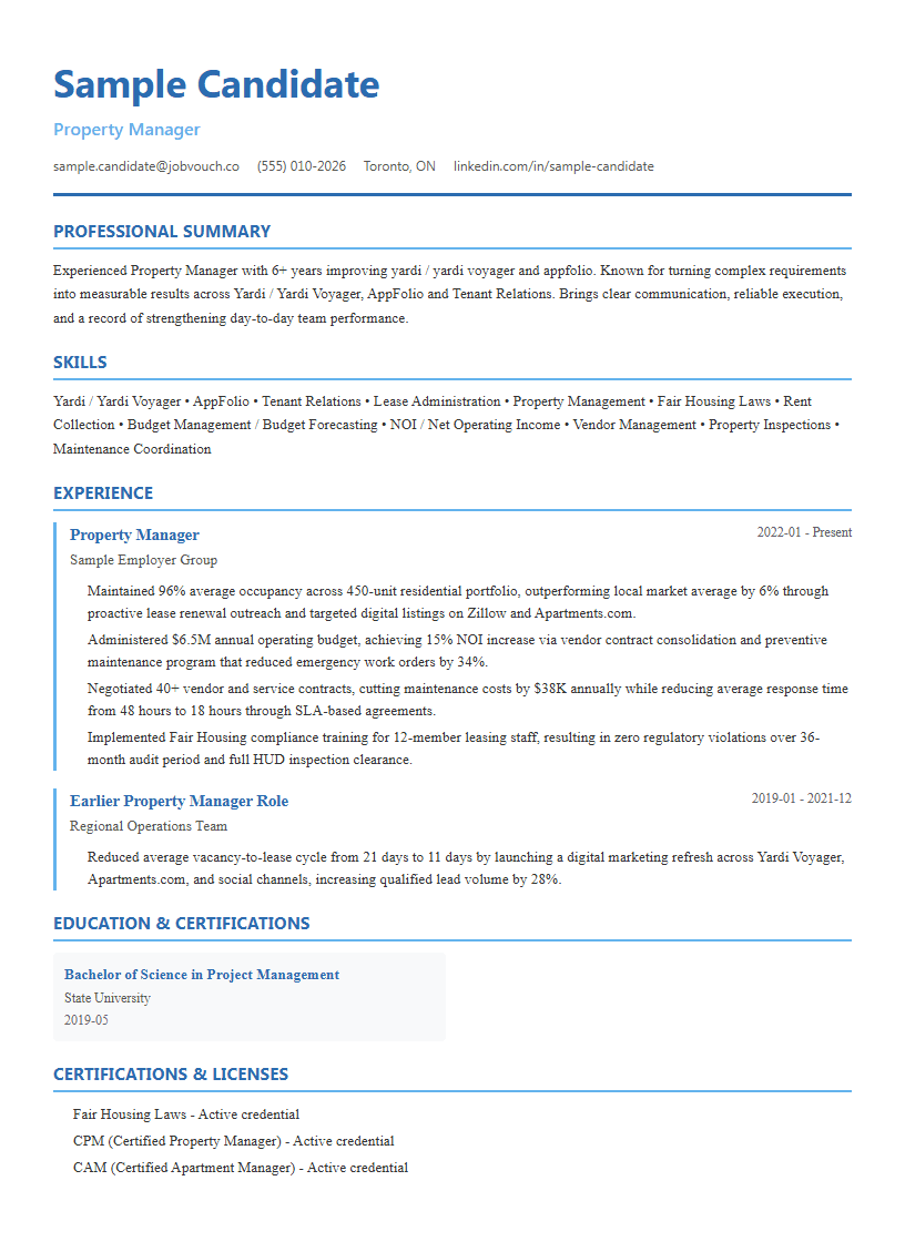 Property Manager resume template preview