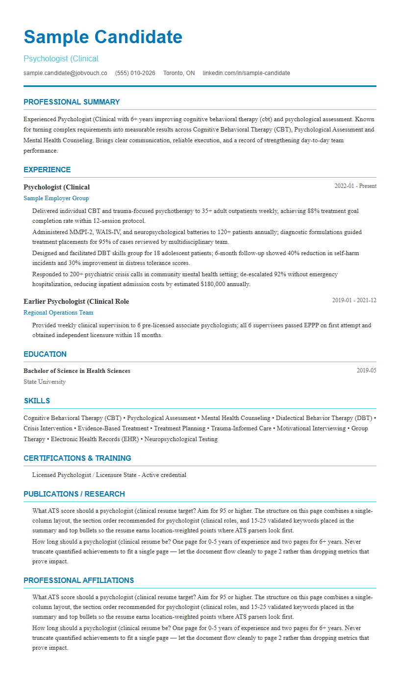 Psychologist (Clinical resume template preview