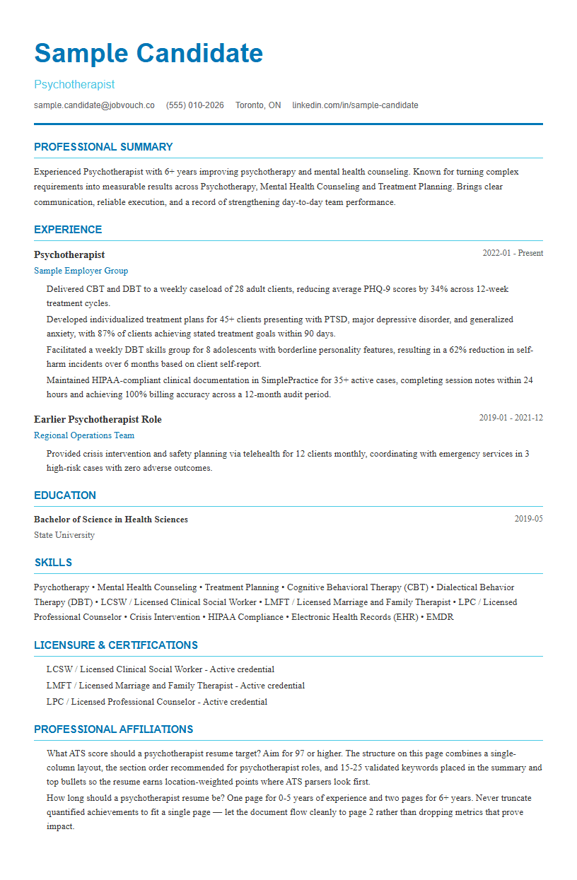 Psychotherapist resume template preview