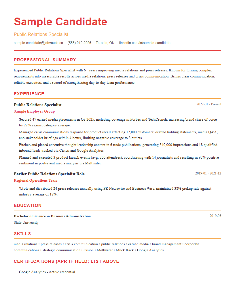 Public Relations Specialist resume template preview