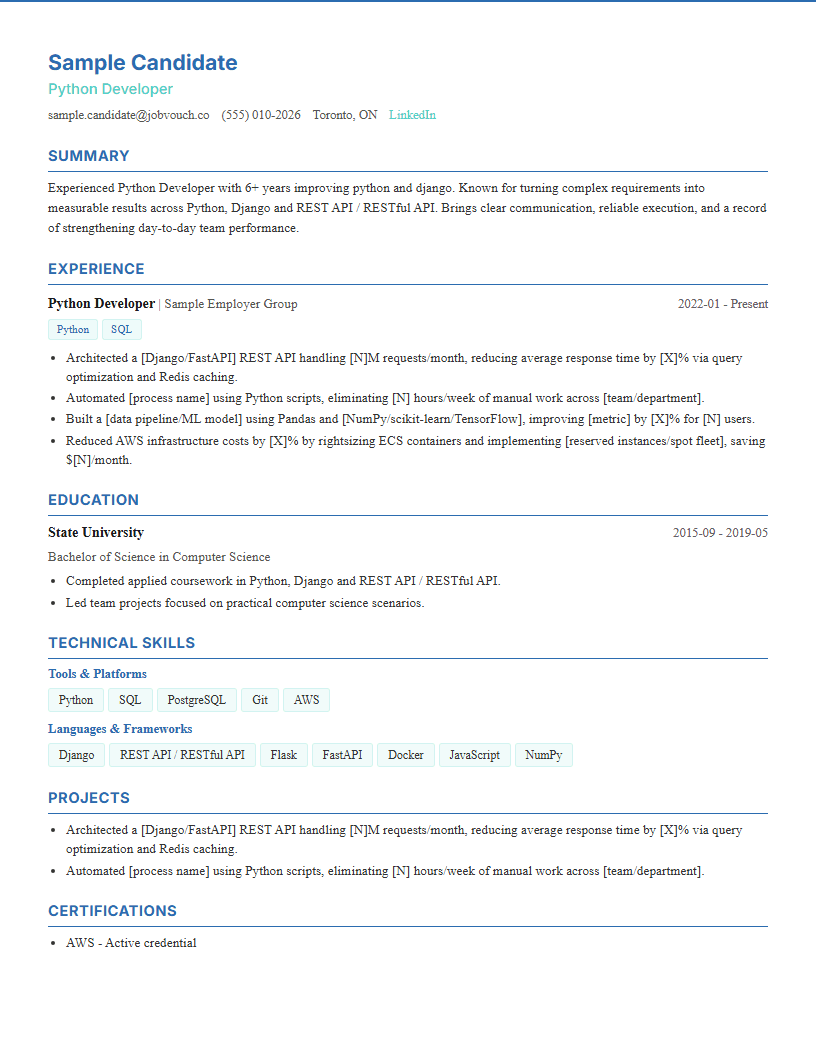 Python Developer resume template preview