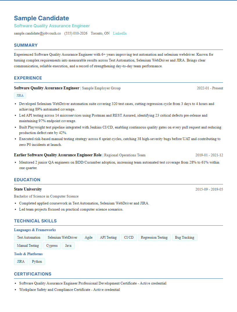 Software Quality Assurance Engineer resume template preview