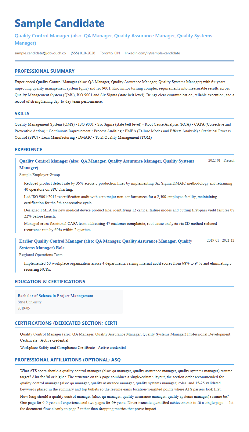 Quality Control Manager (also: QA Manager, Quality Assurance Manager, Quality Systems Manager) resume template preview