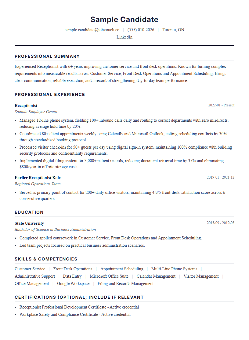 Receptionist resume template preview