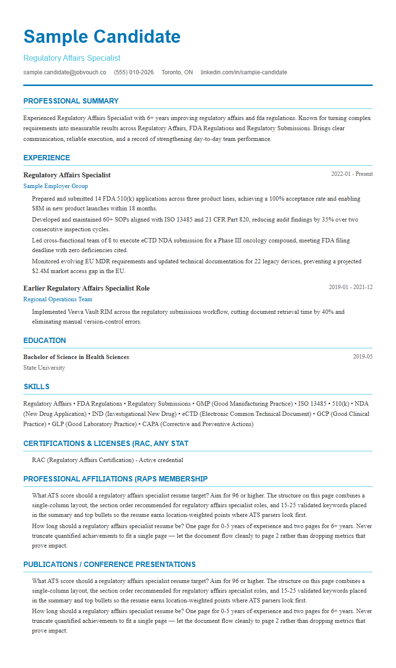 Regulatory Affairs Specialist resume template preview