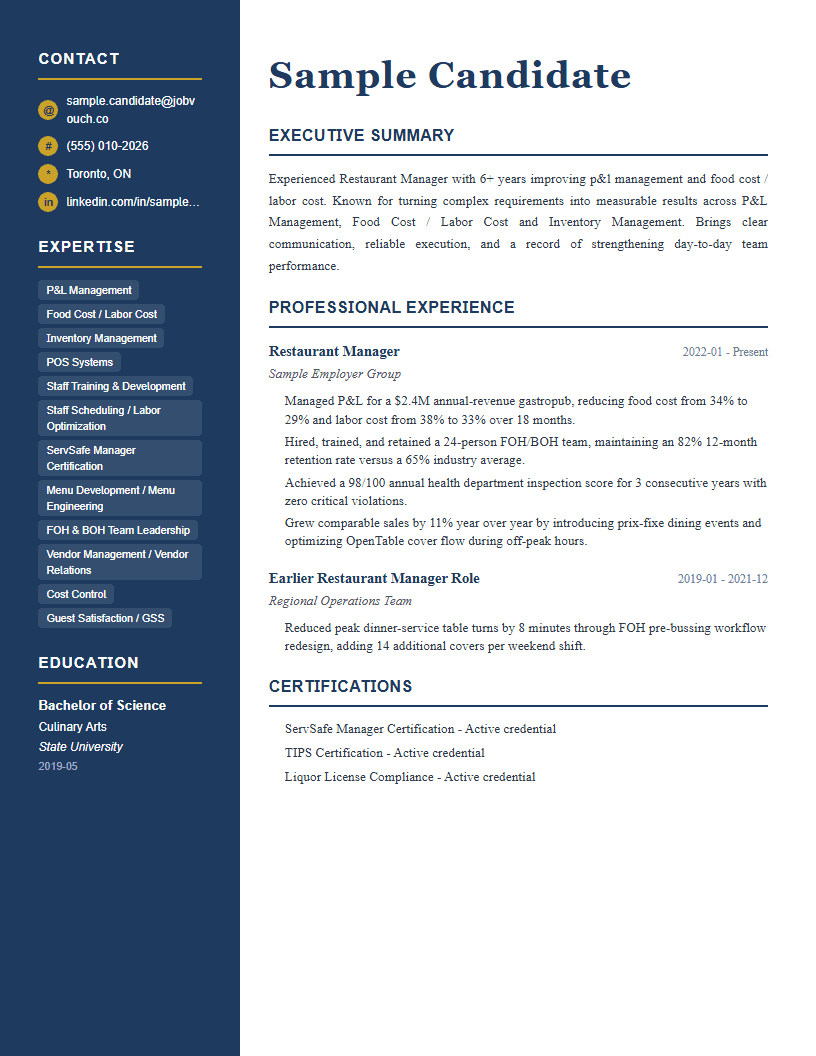 Restaurant Manager resume example preview