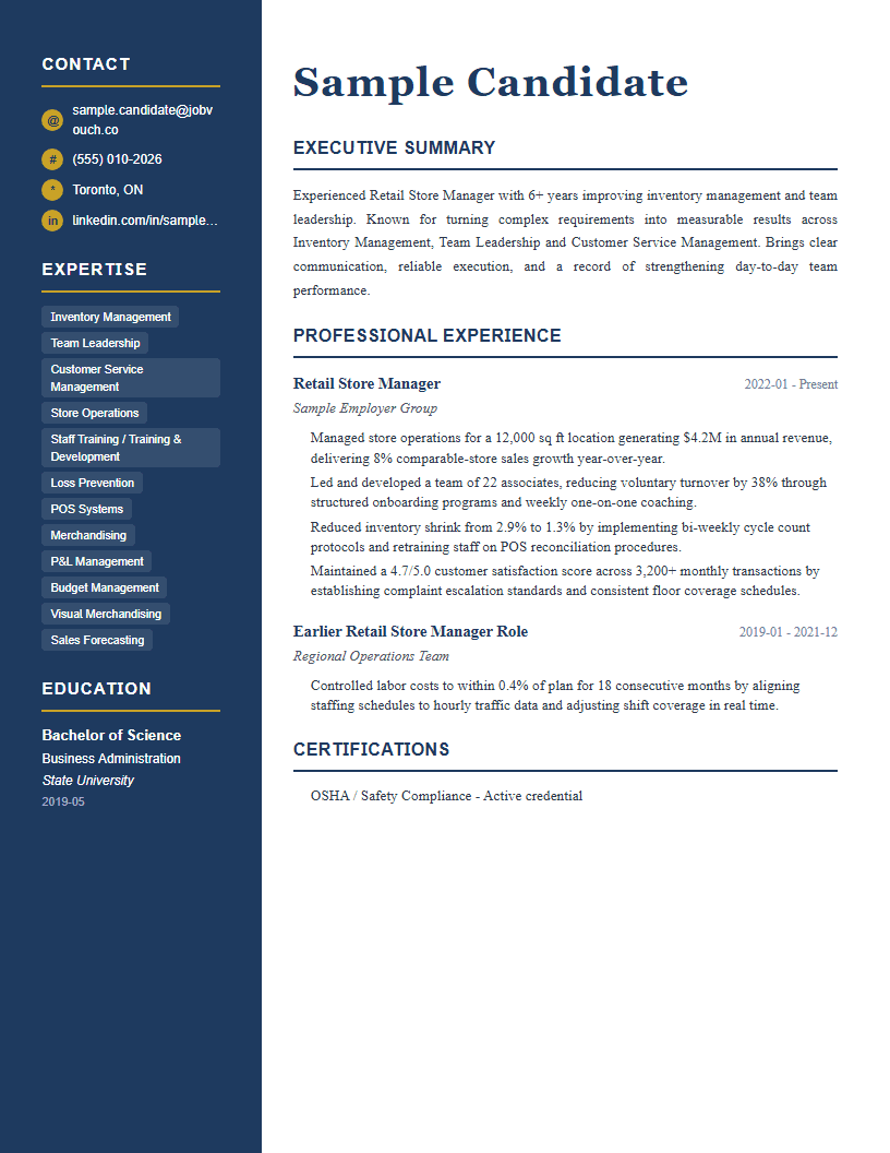 Retail Store Manager resume template preview