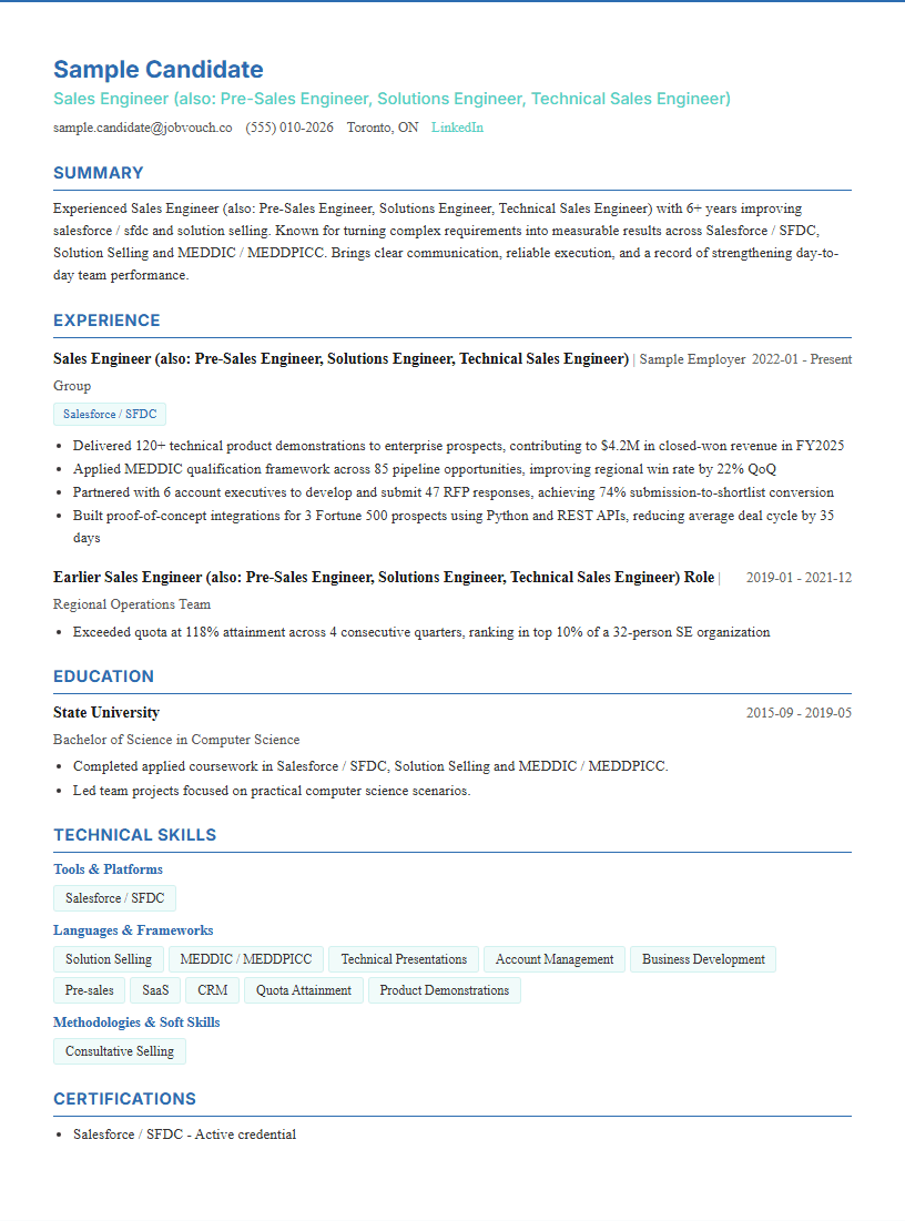 Sales Engineer (also: Pre-Sales Engineer, Solutions Engineer, Technical Sales Engineer) resume template preview