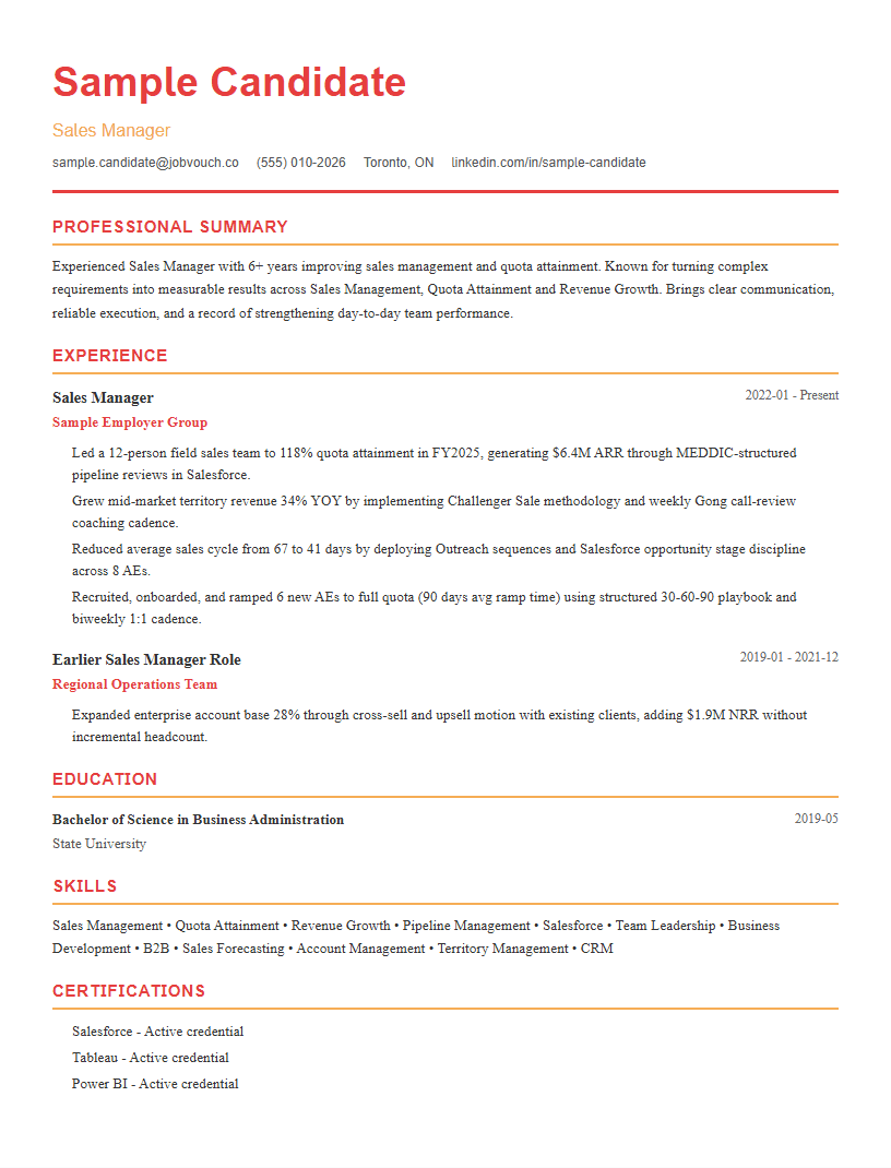 Sales Manager resume template preview