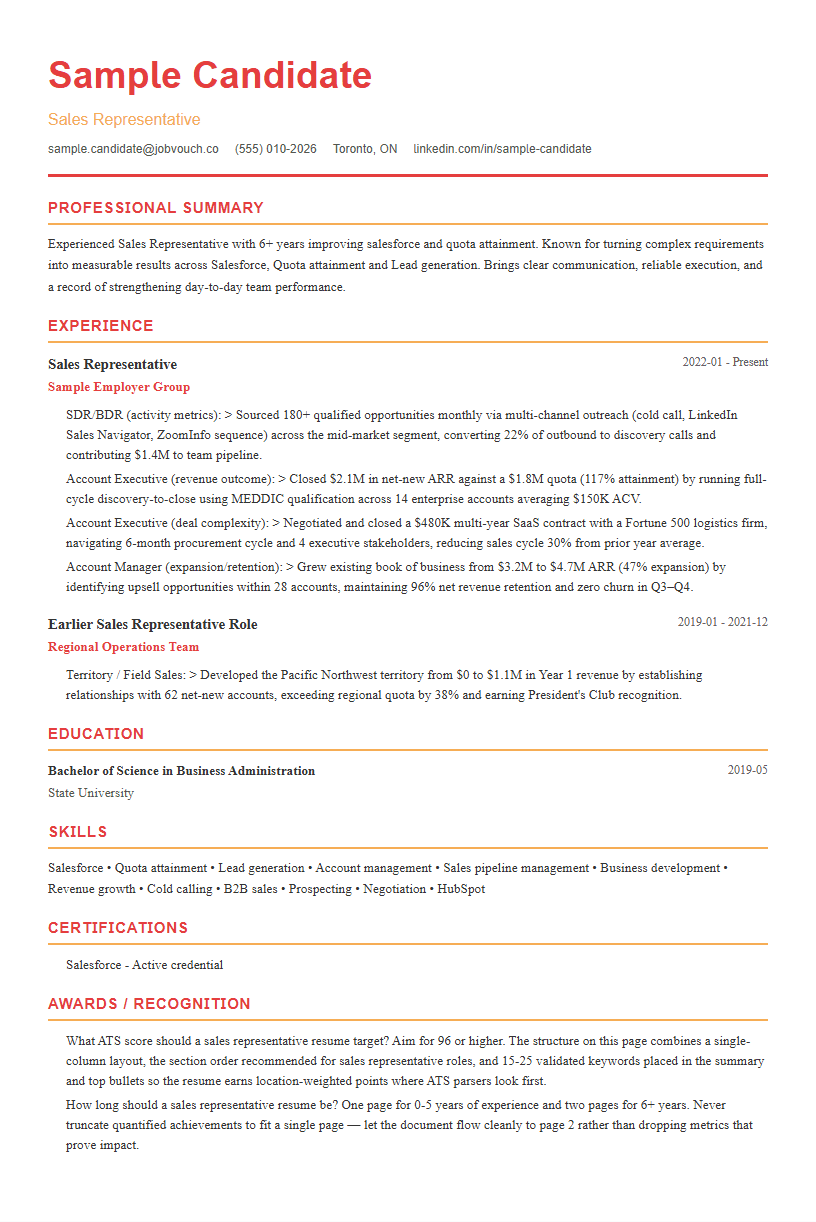 Sales Representative resume template preview