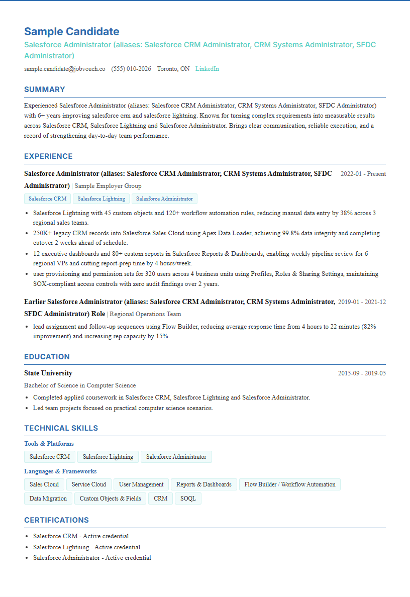 Salesforce Administrator (aliases: Salesforce CRM Administrator, CRM Systems Administrator, SFDC Administrator) resume template preview
