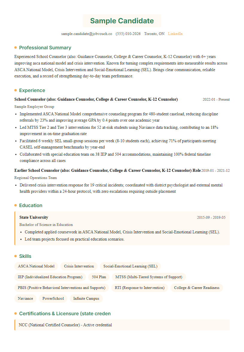 School Counselor (also: Guidance Counselor, College & Career Counselor, K-12 Counselor) resume template preview