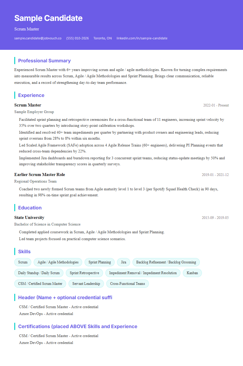 Scrum Master resume template preview