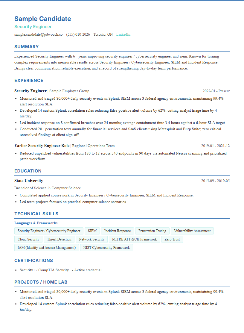 Security Engineer resume template preview