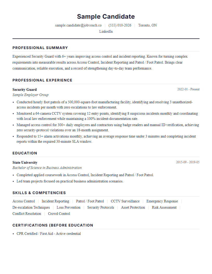 Security Guard resume template preview