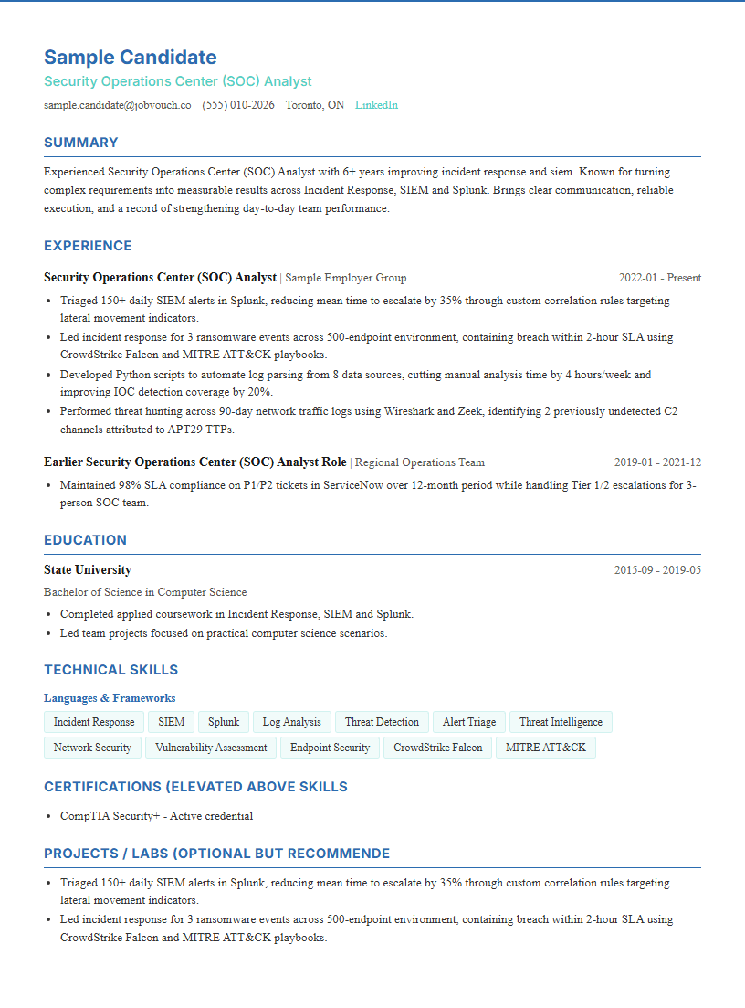 Security Operations Center (SOC) Analyst resume template preview