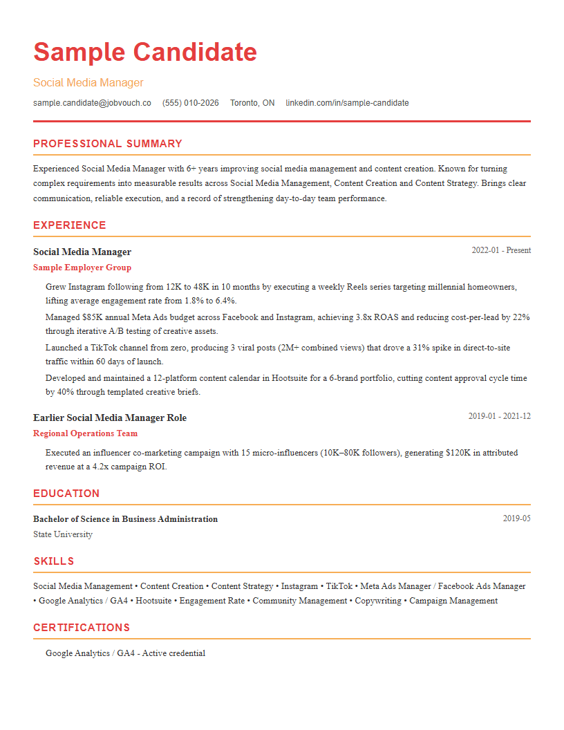 Social Media Manager resume template preview