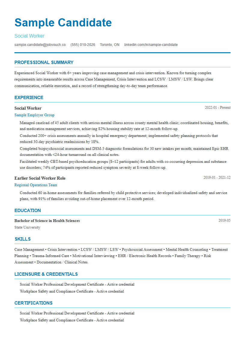 Social Worker resume template preview
