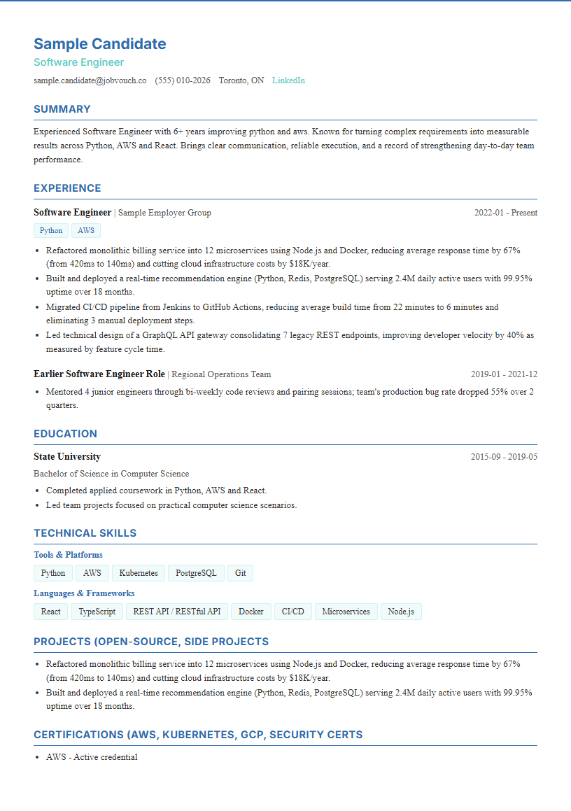 Software Engineer resume template preview