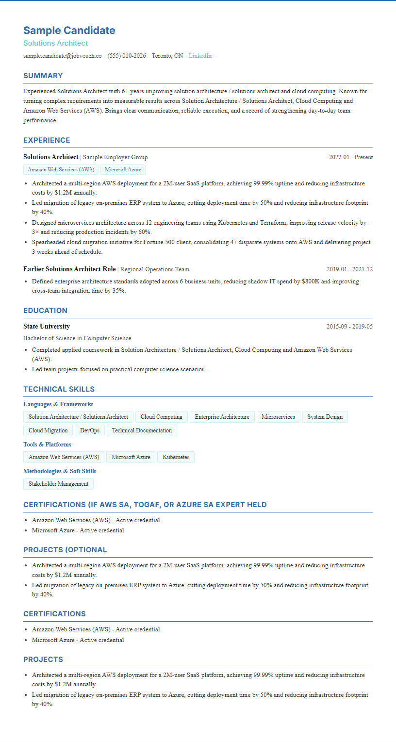 Solutions Architect resume template preview