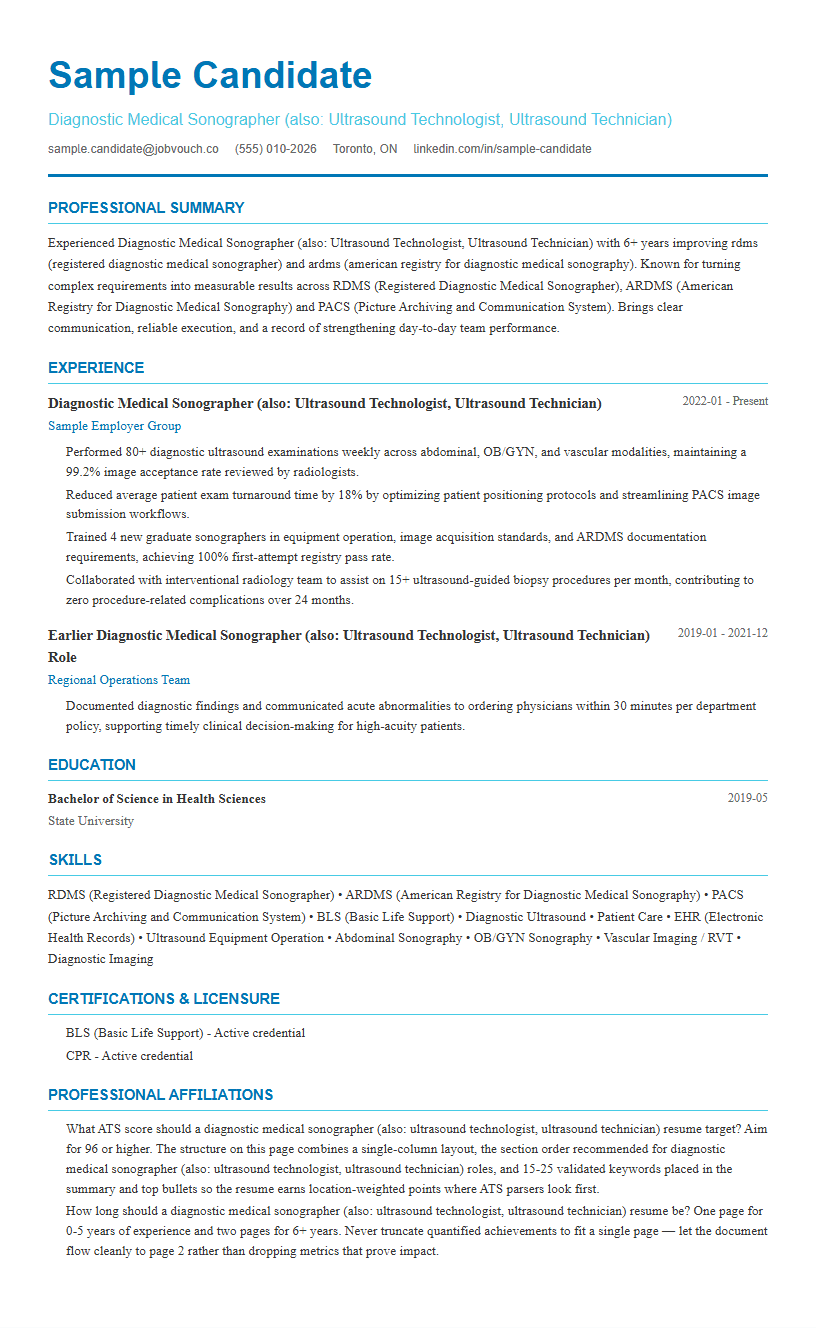 Diagnostic Medical Sonographer (also: Ultrasound Technologist, Ultrasound Technician) resume example preview
