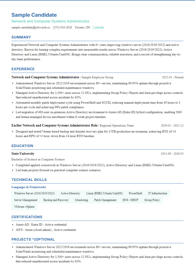 Network and Computer Systems Administrator resume template preview