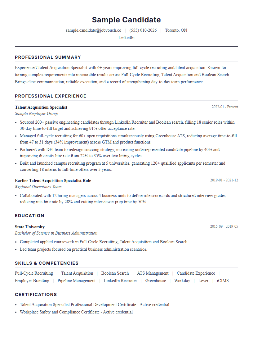 Talent Acquisition Specialist resume template preview