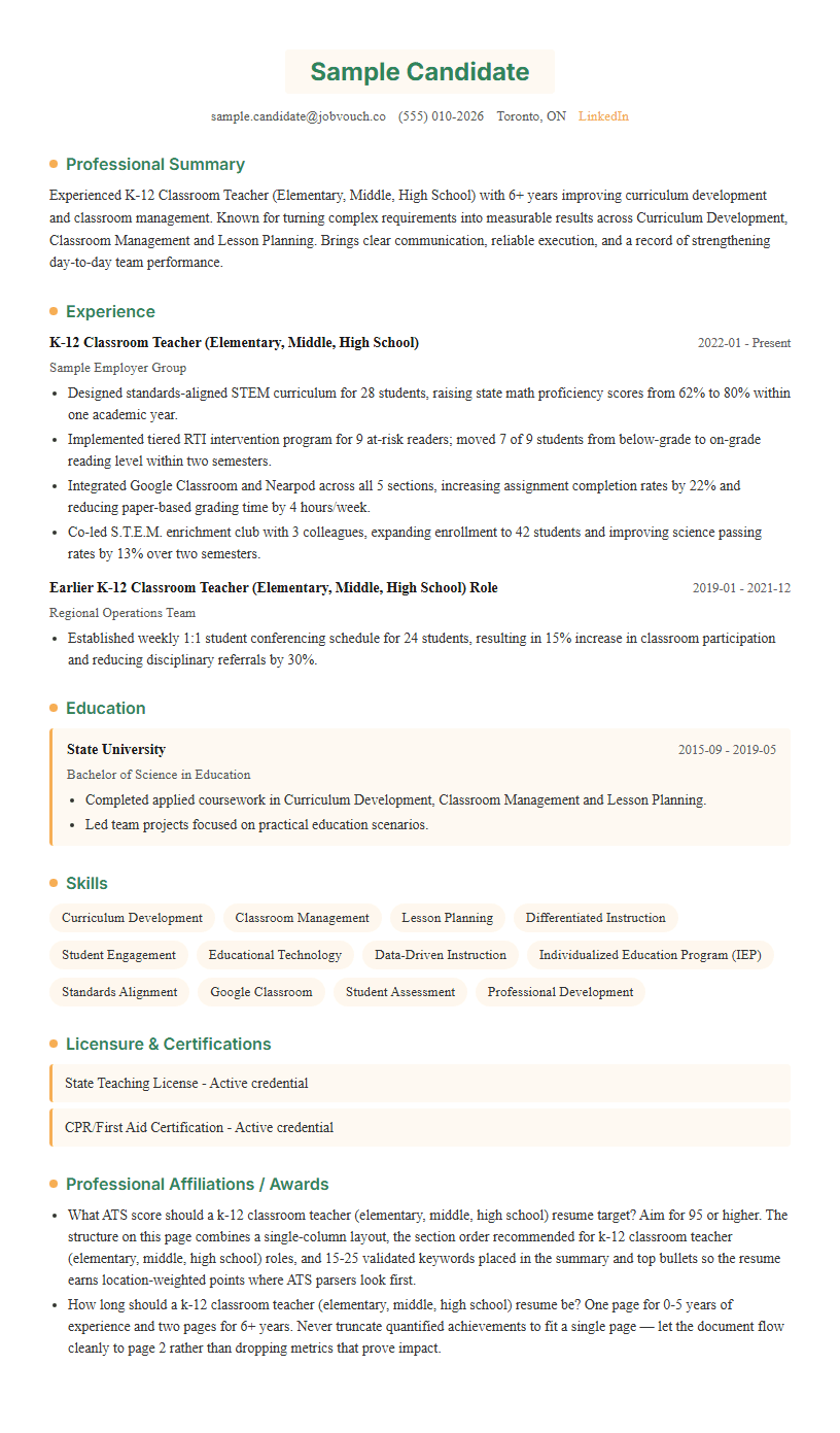 K-12 Classroom Teacher (Elementary, Middle, High School) resume template preview
