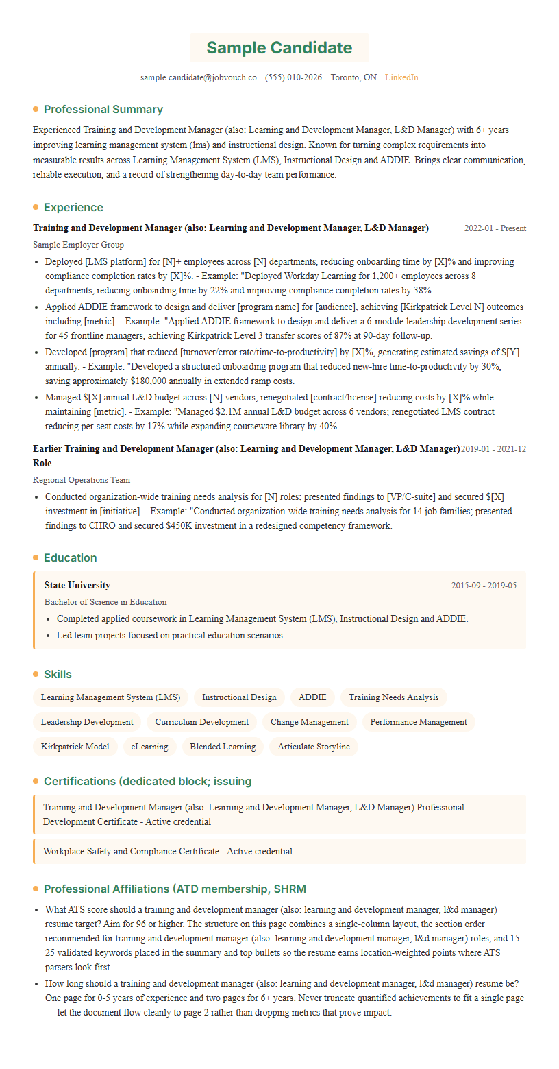 Training and Development Manager (also: Learning and Development Manager, L&D Manager) resume template preview
