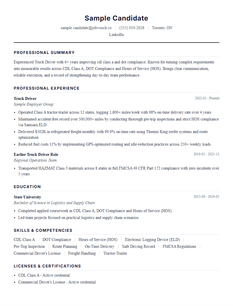 Truck Driver resume template preview