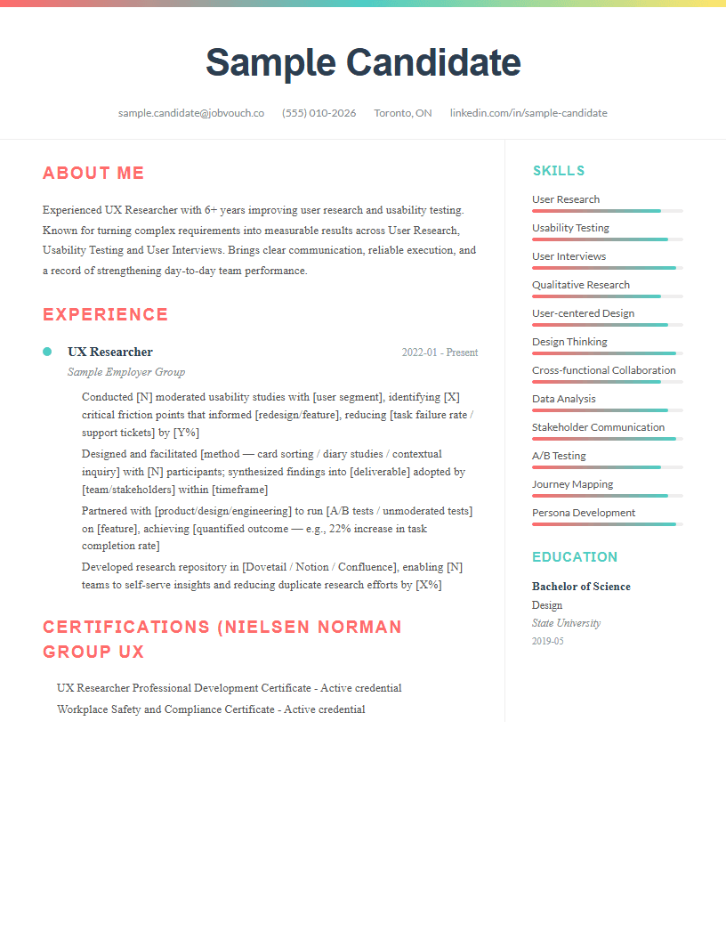 UX Researcher resume template preview