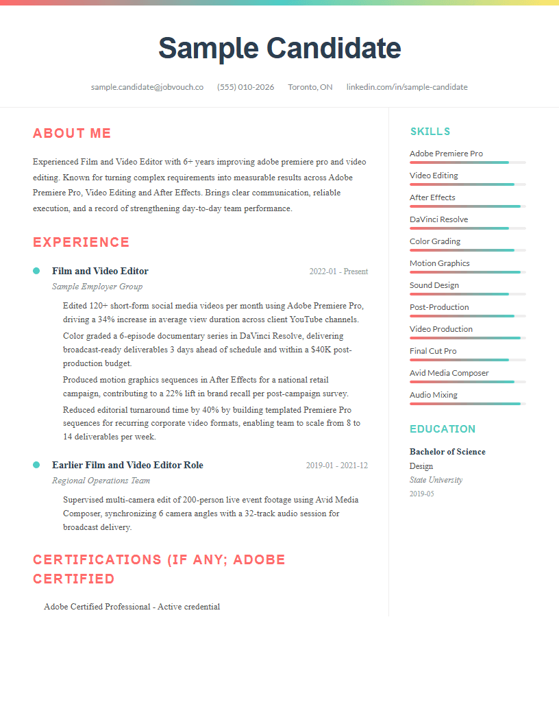 Film and Video Editor resume template preview