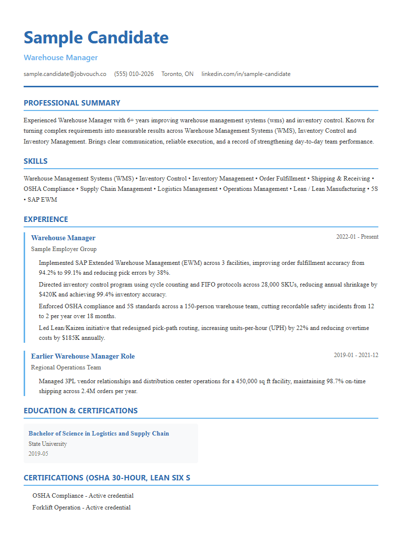 Warehouse Manager resume template preview